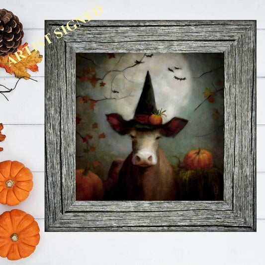 Halloween Art Print Of A Cute Farm Cow In A Witch Hat Painting