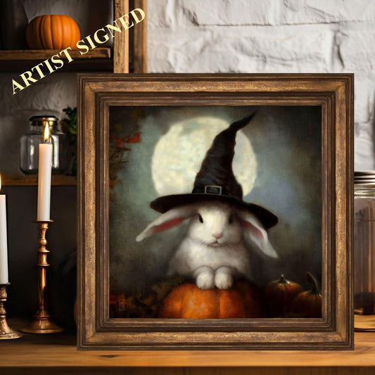 Halloween Art Print Of A Cute Rabbit In A Witch Hat Painting