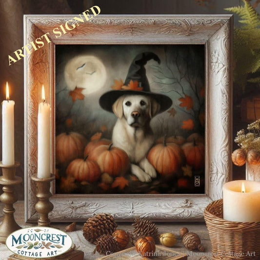 Halloween Dog Wall Art, Cute Yellow Lab Halloween Art Print
