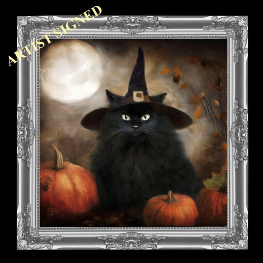 Halloween Wall Art, Cute Black Cat Halloween Art Print