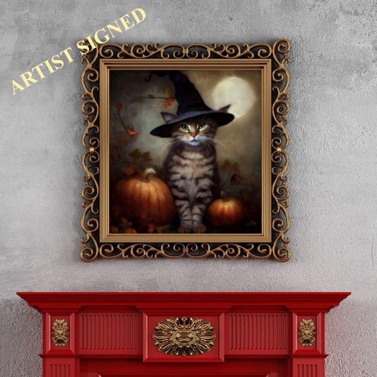 Halloween Wall Art, Cute Tabby Cat Halloween Art Print