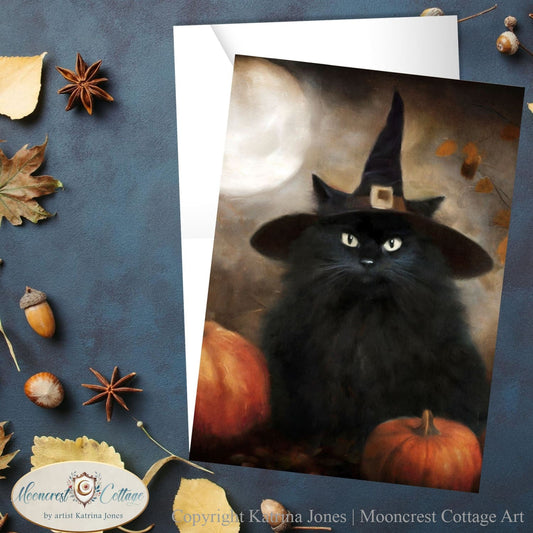 Halloween Witch Black Cat Blank Greeting Card