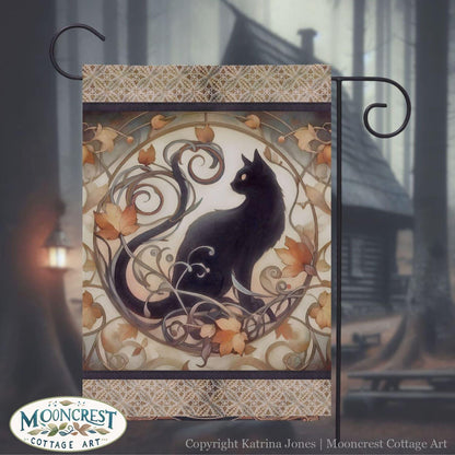 a black cat sitting on top of a wooden plaque