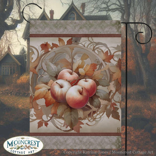 a painting of apples with leaves and a house in the background