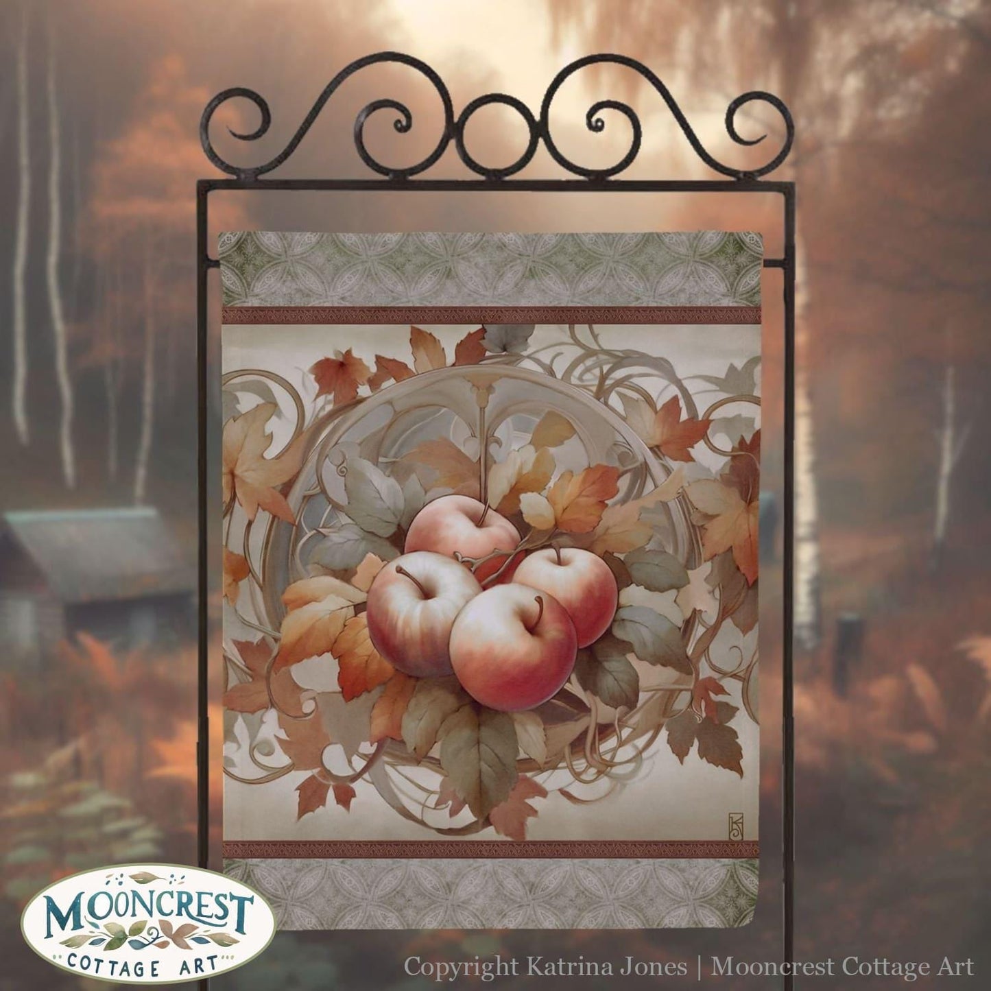 a picture of apples hanging on a metal frame