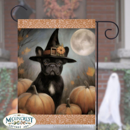 a painting of a dog wearing a witches hat
