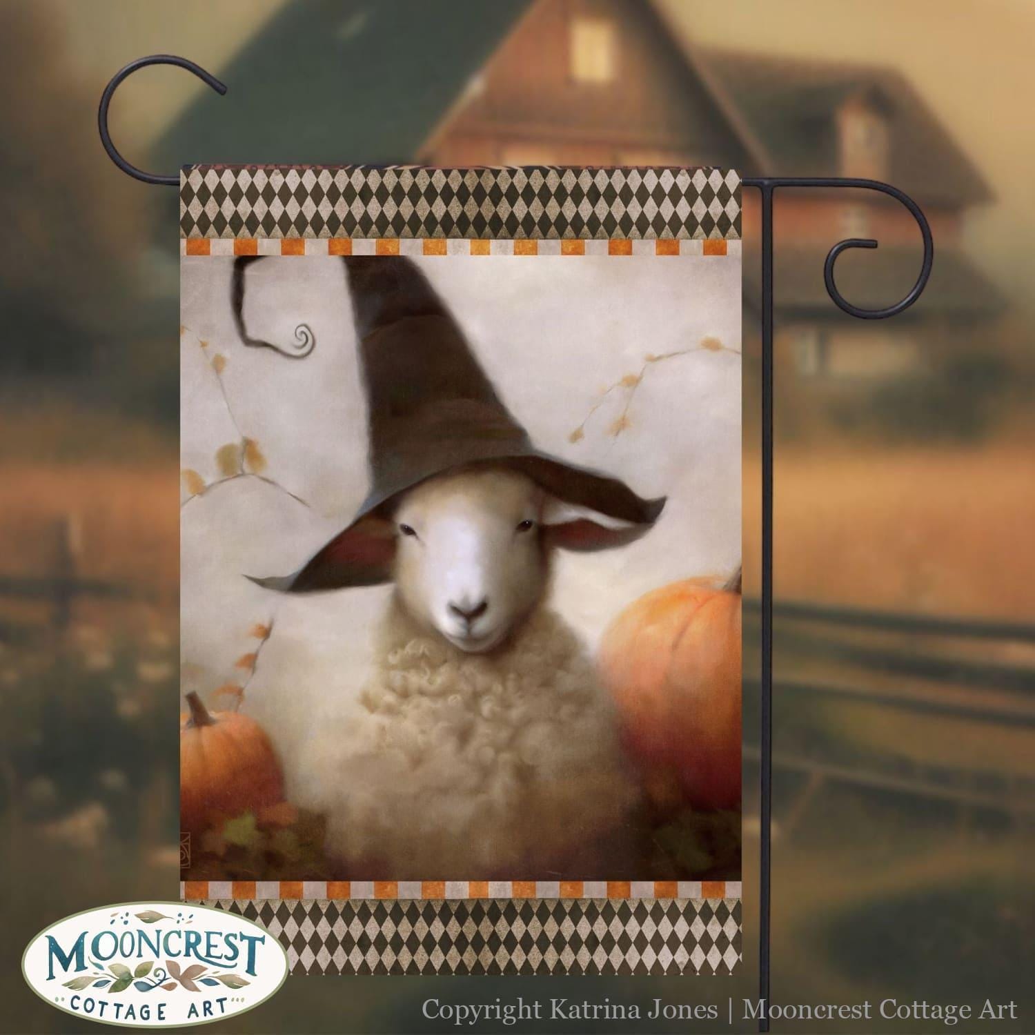 a picture of a sheep wearing a witches hat