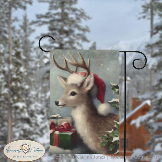 Christmas Deer Garden Flag, Cute Winter Holiday Season Woodland Animal Yard Decor