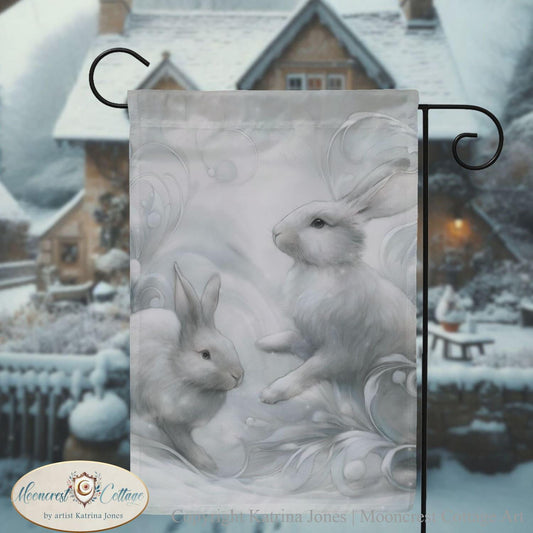 White Winter Rabbits Garden Flag
