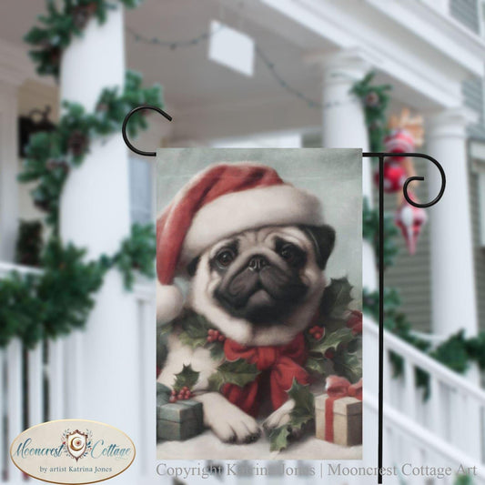 Christmas Pug Dog Garden Flag, Cute Dog Pet Holiday Yard Sign Decor
