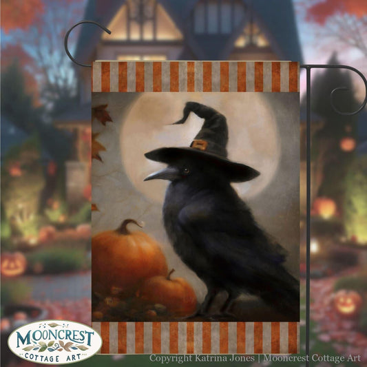 a painting of a black bird wearing a witches hat