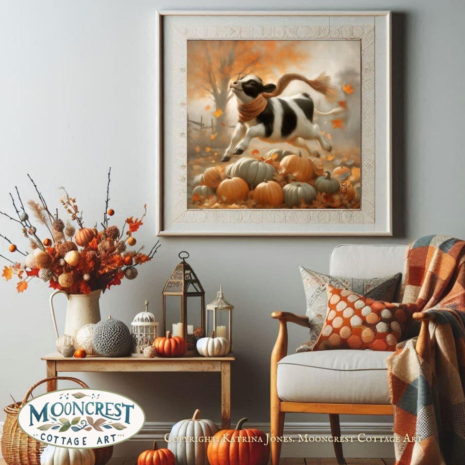 a painting of a dog running through a pumpkin patch