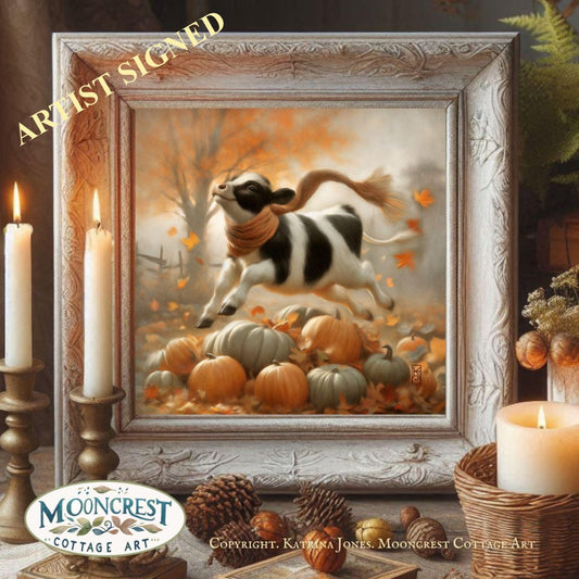 Leaping Cow Art Print - Cute Fall Animal Art
