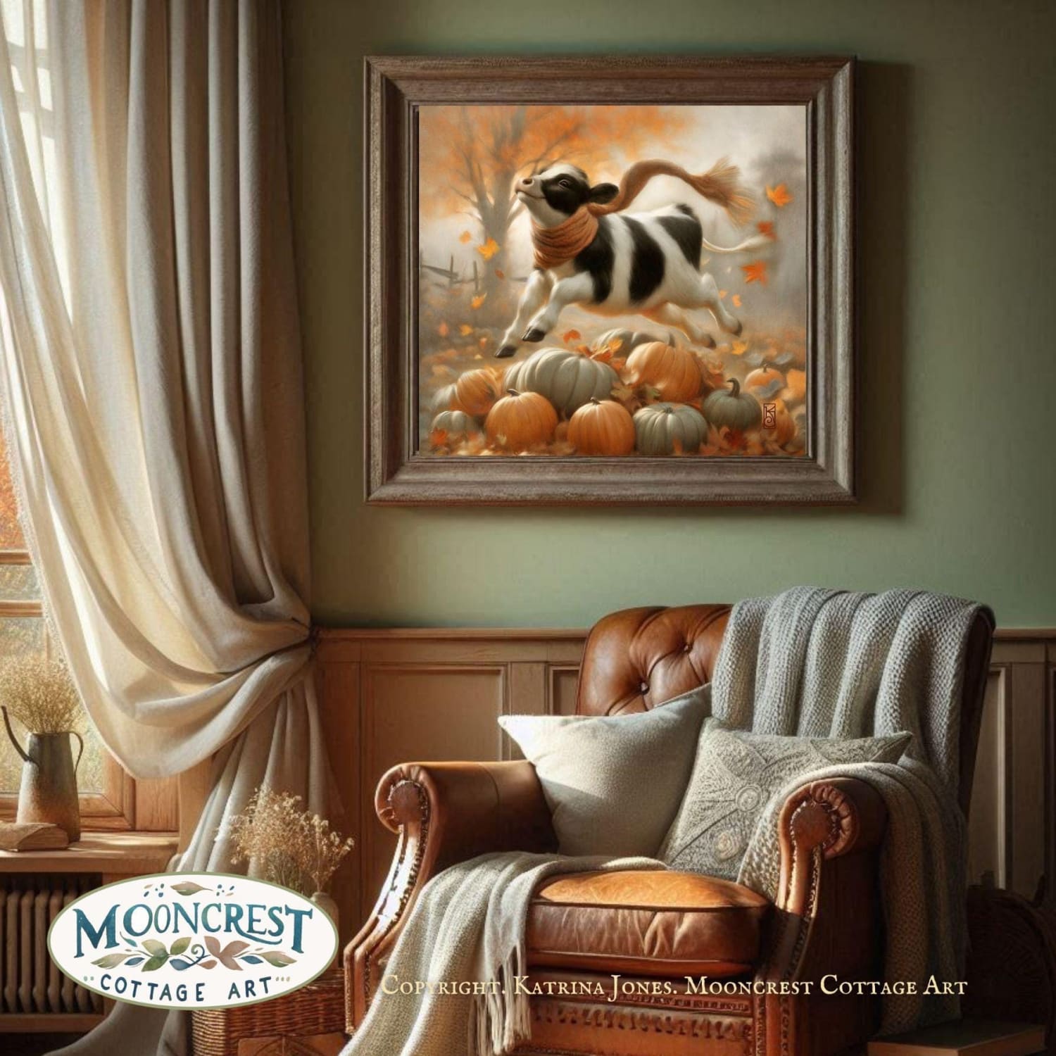 a painting of a dog running over pumpkins in a living room