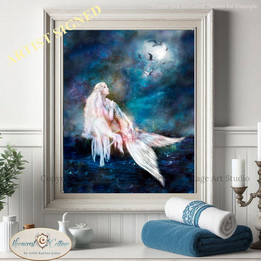 Mermaid Moon Wall Art Print - Mythical Fantasy Mermaid Artwork Art Rectangle