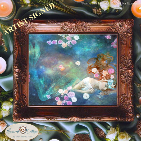 Mermaid Sleeping Flowers Art Print - Fantasy Painting Art Rectangle