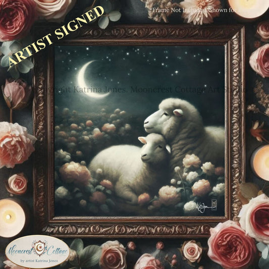 a painting of a sheep and a lamb in a field of roses