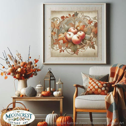 a living room with a couch and a table with pumpkins on it