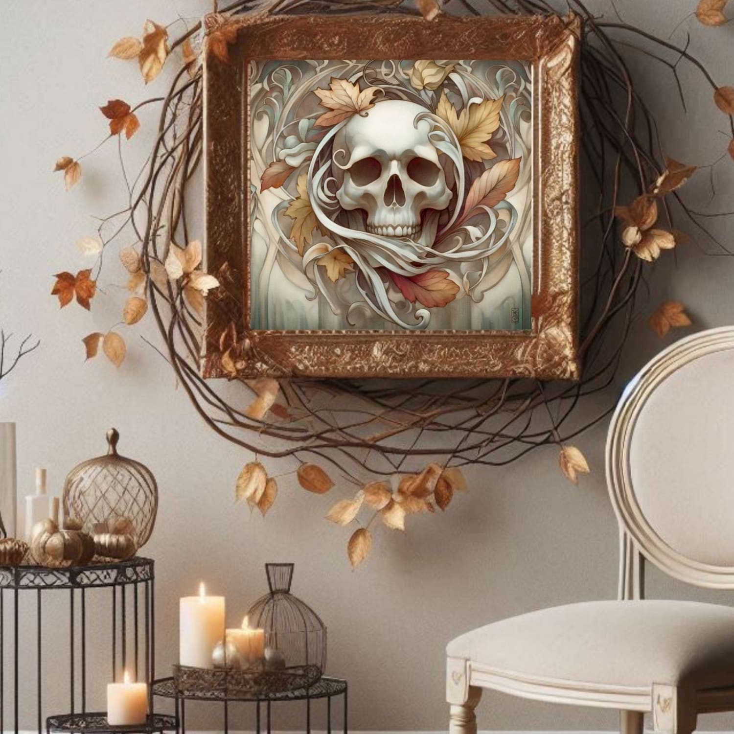 a picture of a skull hanging on a wall