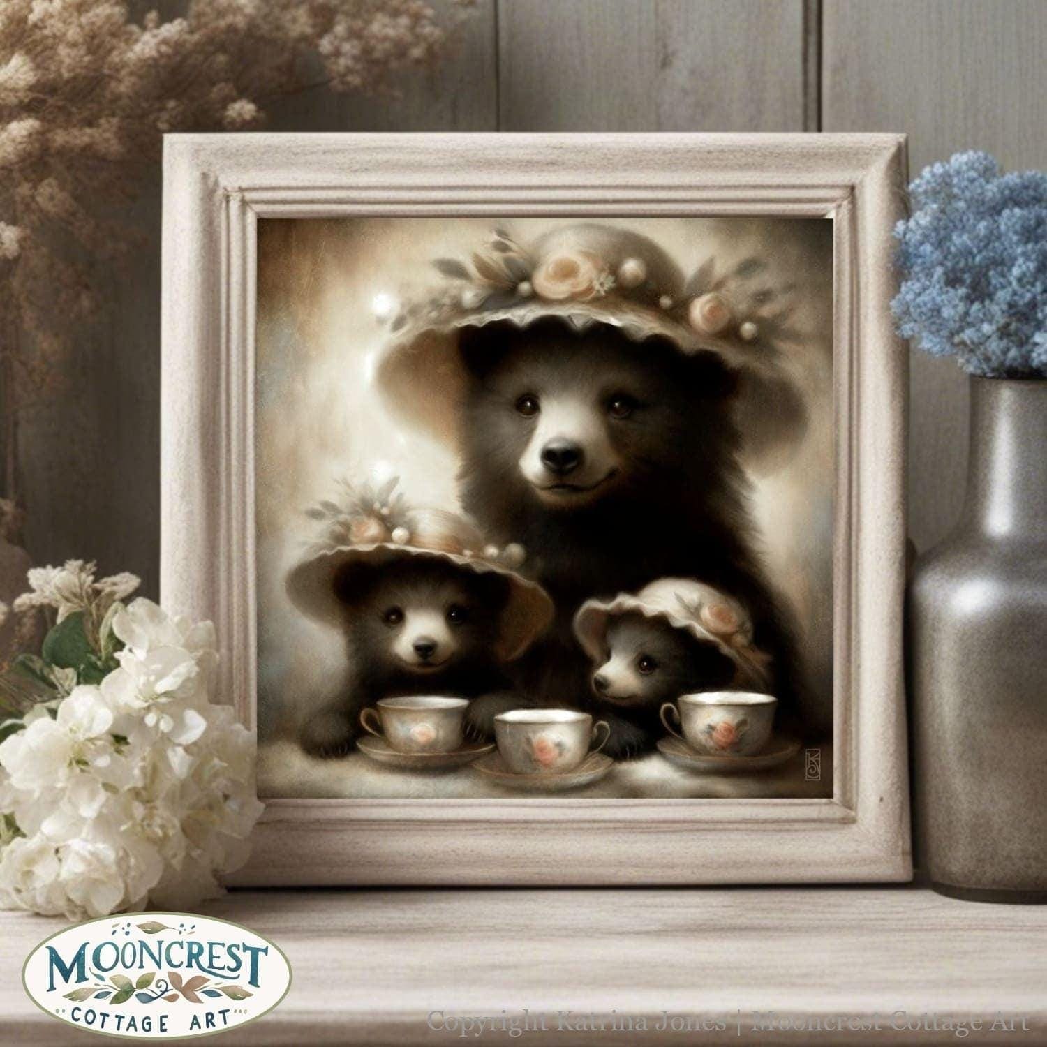 a painting of two bears with tea cups