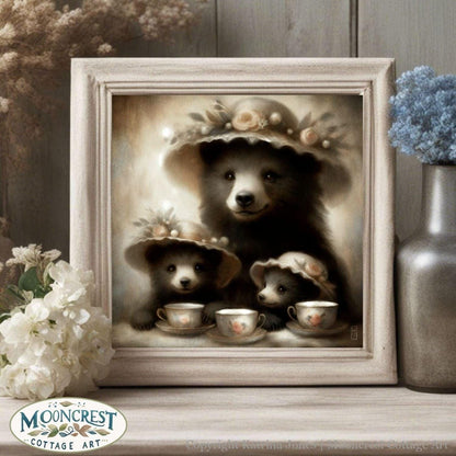 a painting of two bears with tea cups