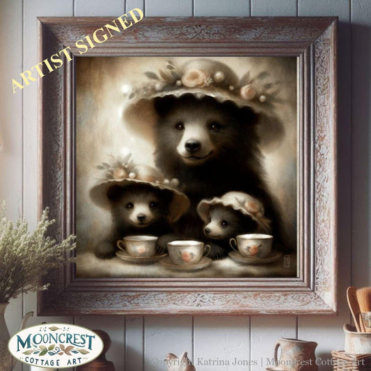 Quaint Bears Art Print, Cute Mother Bear and Cubs Painting