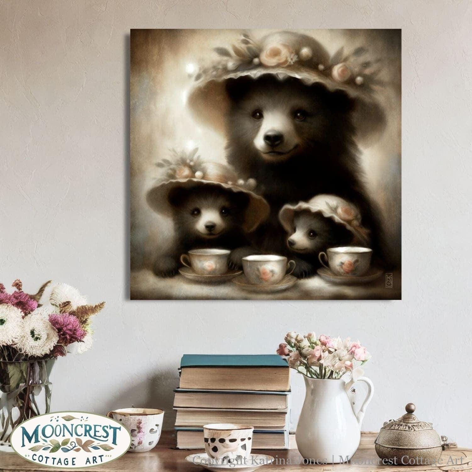 a painting of three bears with tea cups