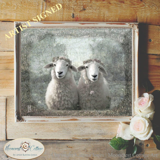 Two Spring Sheep Art Print - Vintage French Country Decor