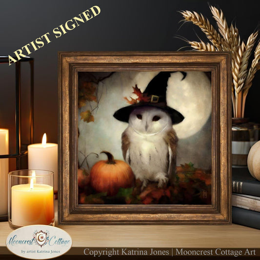 Whimsical Fall Art Print Of A Cute Fall Owl In A Witch Hat Painting
