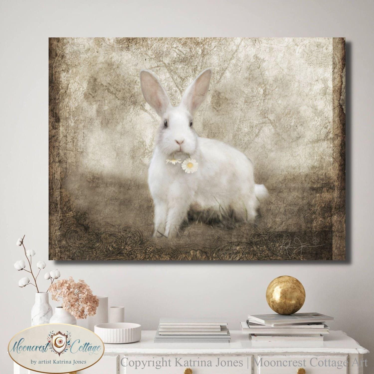 White Rabbit with Daisy French Country Vintage Art Print