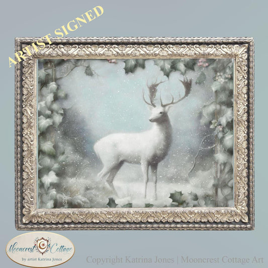 White Winter Deer with Holly Art Print