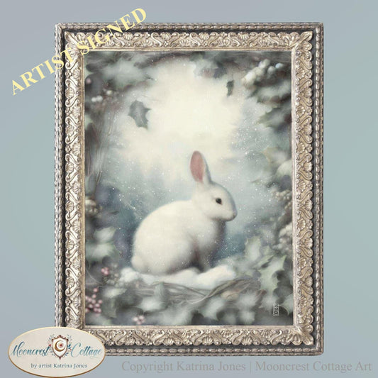 White Winter Rabbit with Holly Art Print