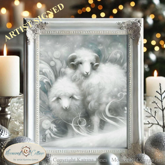 White Winter Sheep Art Print, Dreamy Christmas Decor