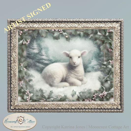 White Winter Sheep with Holly Art Print