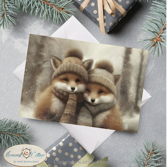 Winter Nature Wildlife Blank Greeting Cards - Cute Fox Pair Painting - Country Christmas Notecards - Stationary Sets