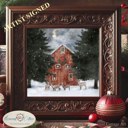 Winter Red Barn with Deer Farm Art Print